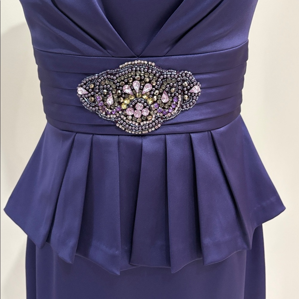 NWT Eliza J Plum purple Peplum satin Midi Dress with sequins brooch waist formal